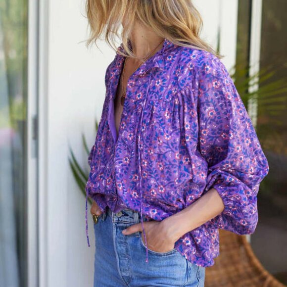 Emerson Fry India Colletion Violet Wildflower Emmaline Blouse - Sz M - Picture 3 of 3